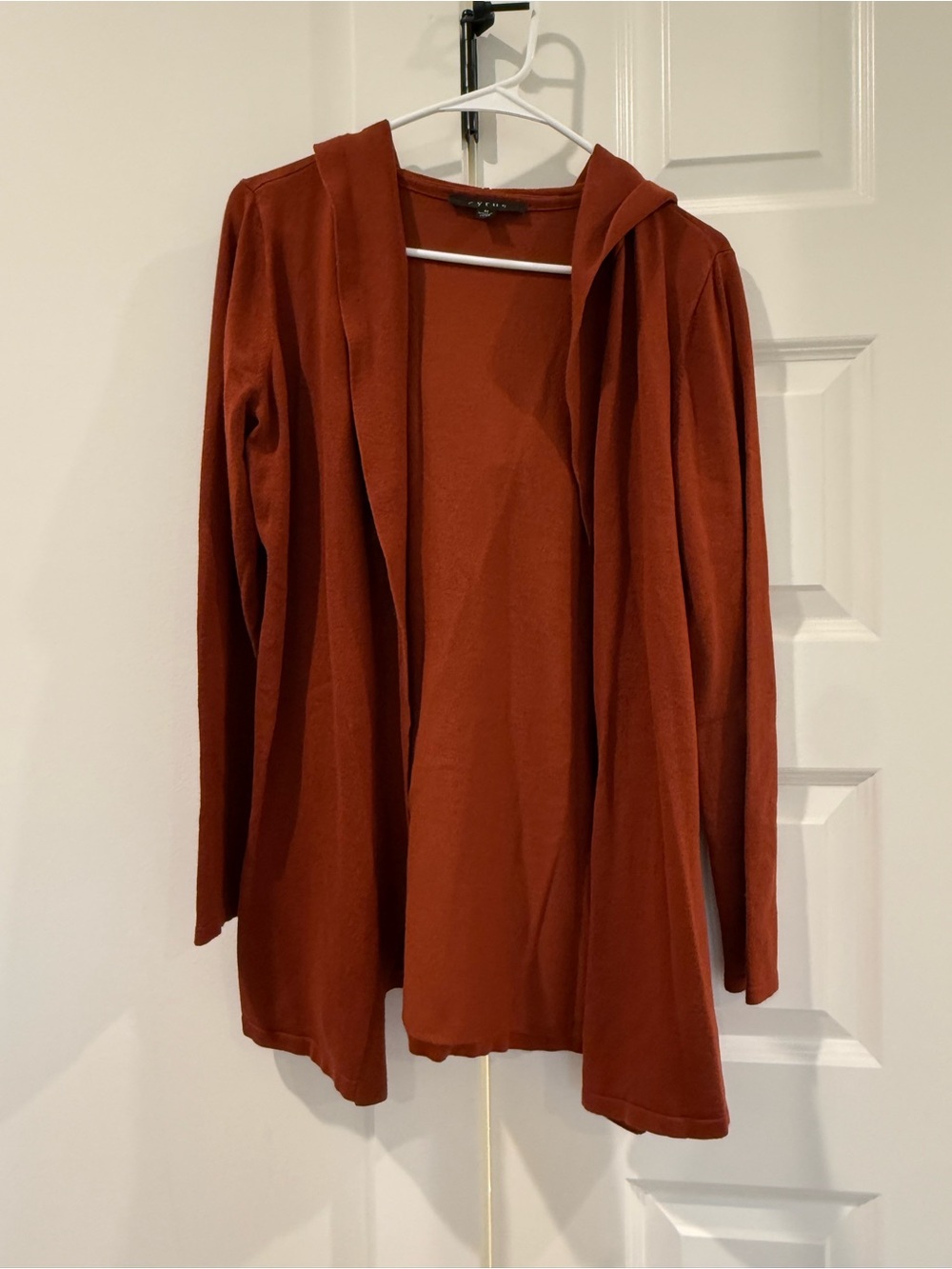 Cyrus Open-Front Hooded Cardigan in Rust